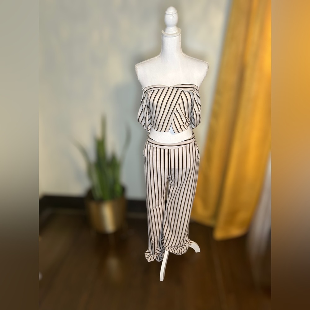 Lulumari 2pc Cropped Top & Pants Set in Cream with Brown & Black Stripes Sz. Sml